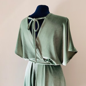 Handmade Sage Green Velvet Maxi Dress: Bohemian Kimono Sleeve Evening Gown