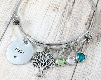 Gigi Bracelet, Gigi Jewelry, Family Tree Bracelet, Grandkids Birthstone Jewelry, Great Grandma Gift, Hand Stamped Bangle, Mimi,Nana Bracelet