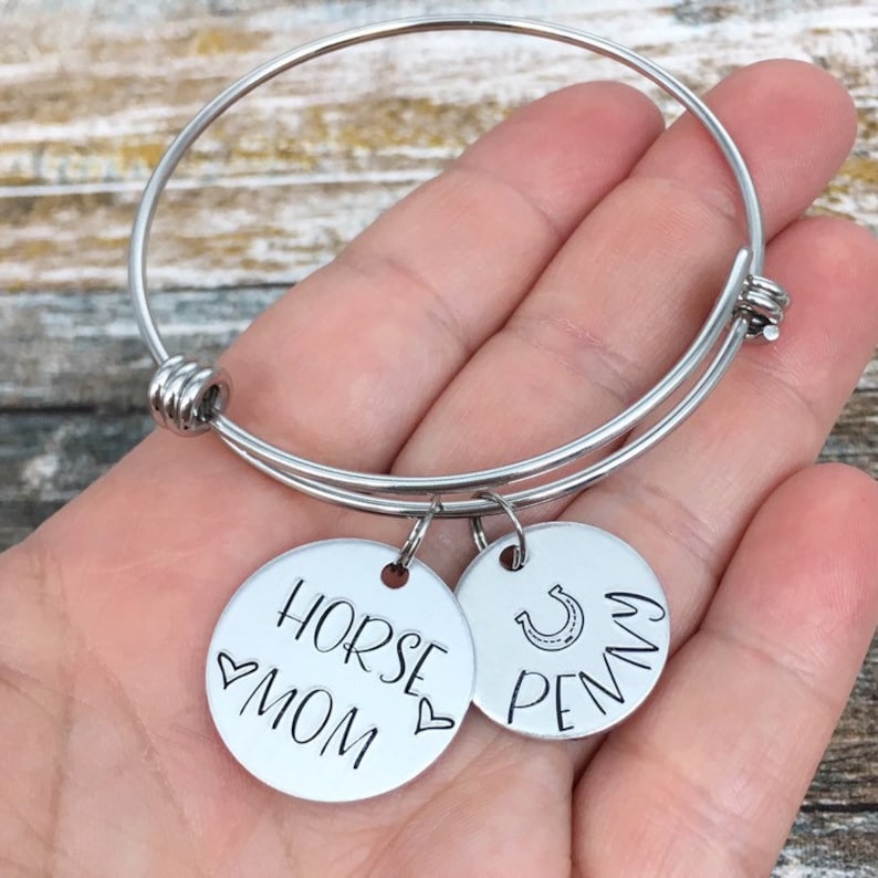 Equestrian Jewelry Mothers Day Gift Horse Lover Gift Horse Show Gift Horse Mom Bracelet Personalized Horse Gift Horseshoe Charm Bangle