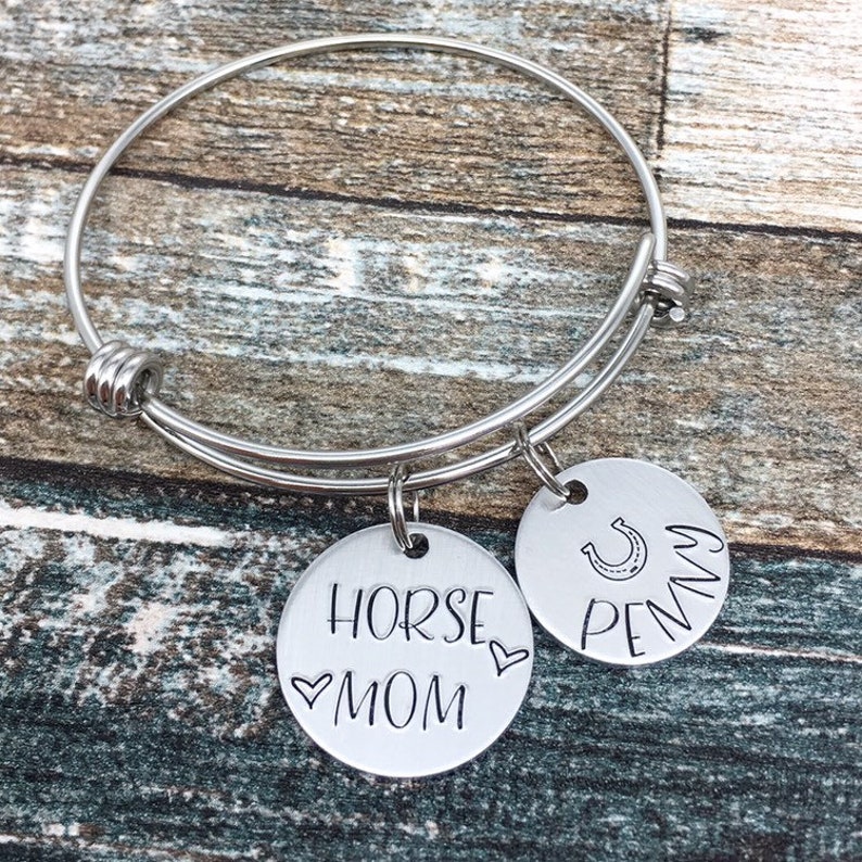 Equestrian Jewelry Mothers Day Gift Horse Lover Gift Horse Show Gift Horse Mom Bracelet Personalized Horse Gift Horseshoe Charm Bangle