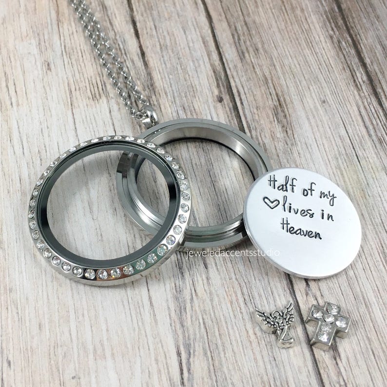 Sympathy Gift Remembrance Jewelry Infant Loss Gift,Hand Stamped Locket Half Of My Heart Lives In Heaven Memorial Locket Loss Of Husband