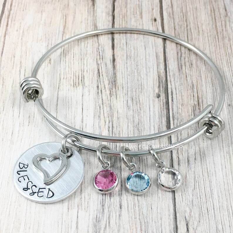 Birthsone Jewelry Blessed Bangle Bracelet Hand Stamped Jewelry Heart Charm Bracelet Mother/'s Bracelet Gifts for Grandma Christmas Gift