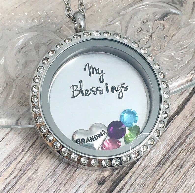 Floating Locket Mimi Hand Stamped Jewelry Mother/'s Day Gift My Blessings Necklace Personalized Grandma Jewelry Nana Grandma Necklace