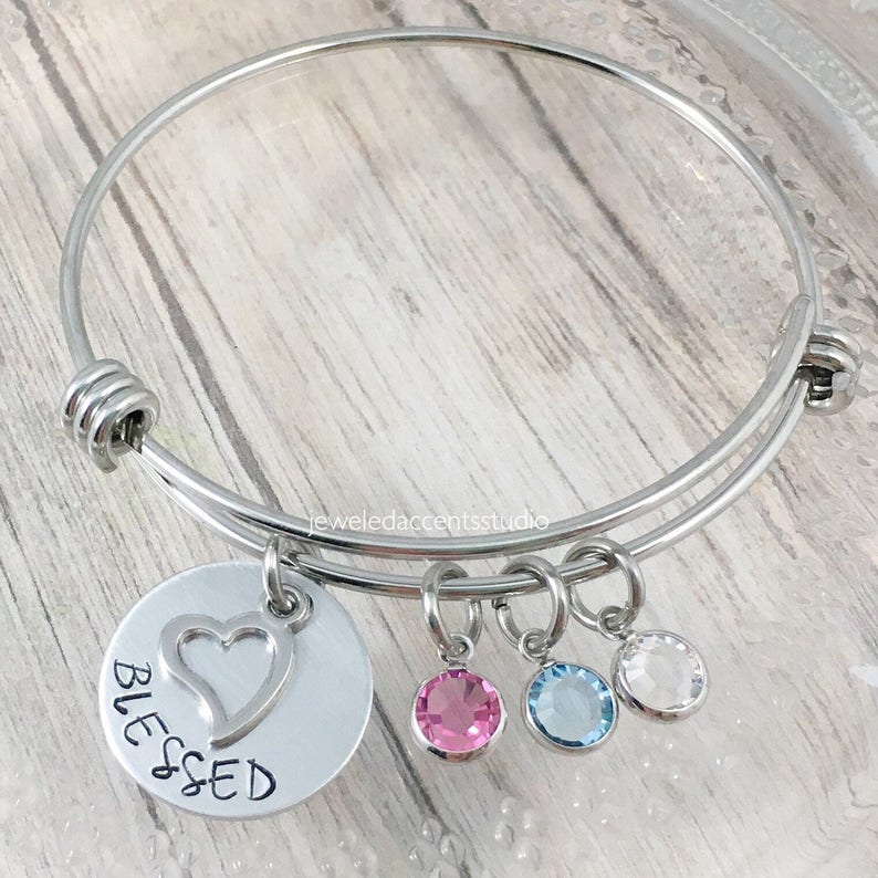 Birthsone Jewelry Blessed Bangle Bracelet Hand Stamped Jewelry Heart Charm Bracelet Mother/'s Bracelet Gifts for Grandma Christmas Gift