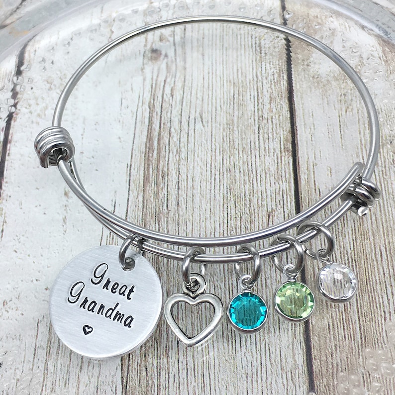 Gigi Mimi Great Grandma Bracelet Mother/'s Day Gift Hand Stamped Bangle Great Grandma Jewelry Birthstone Bracelet Charm Bracelet Nana