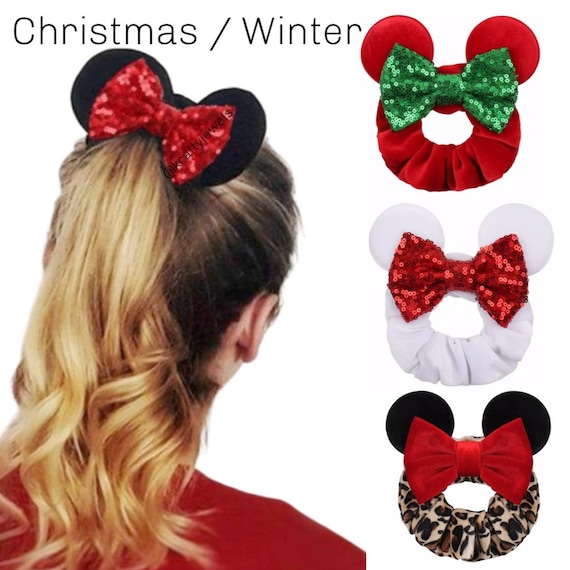 Mickey Christmas Mouse Ears Scrunchie, Minnie Mouse Ears Scrunchy, Hair Ties, Cute Hair Christmas Accessories, Bows