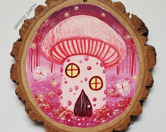 Wrinkly Peach Mushroom Cottage Fairy Forest Painting | Acrylic on Wood Slice | Original Whimsical Cottagecore Wall Art