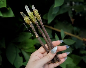 Handmade Crystal Wands: Apple Wood and Smoky or Clear Quartz | Witchcraft Cosplay Accessory Prop | Wood Burned Moon Elements Pentagram