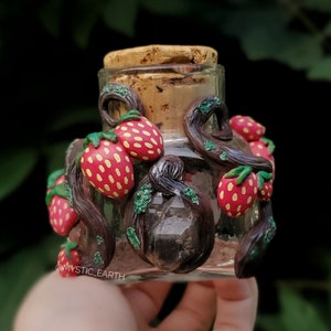 Handmade Strawberry Vine Smoky Quartz Crystal Jar | Sculpted on Vintage Jar, Cottagecore Witch Stash Jar | Potion Bottle