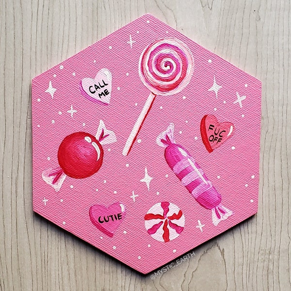 peinte à la main aimant pour réfrigérateur bonbon de la Saint-Valentin | Peinture sur toile avec dos magnétique | Cœurs de bonbons mignons kawaii