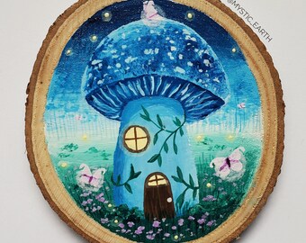 Blue Mushroom Cottage Fairy Forest Painting | Acrylic on Wood Slice | Original Whimsical Cottagecore Wall Art