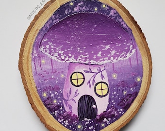 Purple Mushroom Cottage Fairy Forest Painting | Acrylic on Wood Slice | Original Whimsical Cottagecore Wall Art