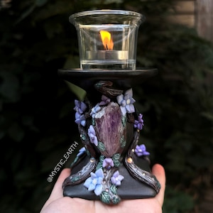 Amethyst Crystal Flower Candle Holder Sculpture | Tealight or Votive