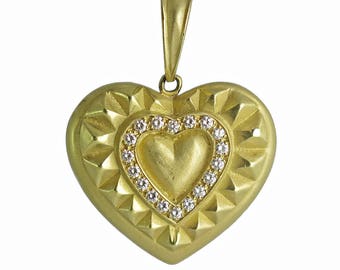 Vintage Heavy 18K Gold and Diamond Heart Pendant