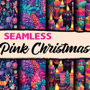 May include: Four seamless patterns featuring pink, blue, and green Christmas designs. The patterns include reindeer, candles, presents, and floral designs.