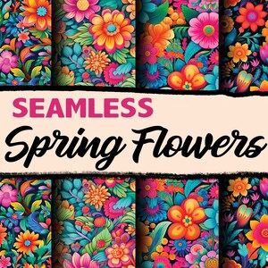 May include: A set of eight seamless patterns featuring colorful, vibrant floral designs. The patterns are perfect for creating backgrounds, textiles, and other creative projects.