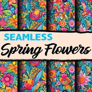 Peut inclure: Six motifs sans couture colorés représentant des fleurs, des feuilles et des oiseaux vibrants sur un fond bleu foncé. Les motifs sont intitulés "SEAMLESS Spring Flowers".