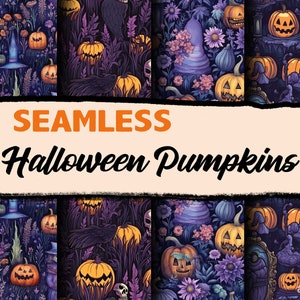 May include: Four seamless patterns featuring Halloween pumpkins with spooky faces, surrounded by purple flowers, mushrooms, and black crows. The text "SEAMLESS Halloween Pumpkins" is displayed in orange and black.