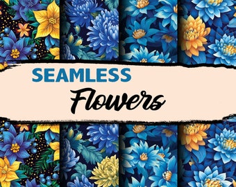 Yellow and blue flowers digital paper pack, seamless pattern for sublimation, scrapbook, commercial use
