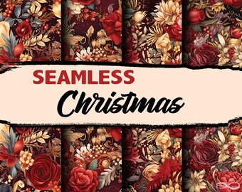 Red and Gold Christmas Flowers Seamless Digital Paper - Commercial Use Scrapbook Paper, 4 CMYK and RGB Files