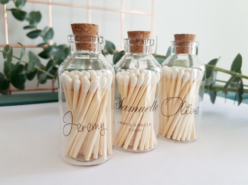 SET OF 3 White Tip Matches in Glass Jar with Striker / The Perfect Match / Personalized Wedding Favors / Match Made in Heaven image 1