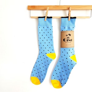 Men Socks with Labels / Blue Polka Dot Wedding Socks / Groom's Crew Socks / Groomsmen Gifts / Cold Feet Socks image 1