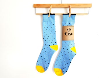 Men Socks with Labels / Blue Polka Dot Wedding Socks / Groom's Crew Socks / Groomsmen Gifts / Cold Feet Socks