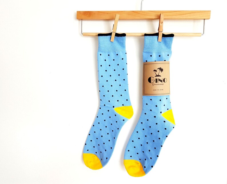 Men Socks with Labels / Blue Polka Dot Wedding Socks / Groom's Crew Socks / Groomsmen Gifts / Cold Feet Socks 画像 1