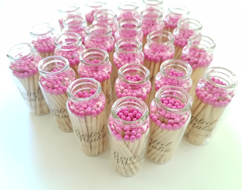 SET de 6 allumettes à pointe rose Fuchsia dans un bocal en verre avec percuteur / Le match parfait Mariages / Match Made in Heaven Matches en pot image 3