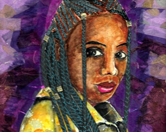 Black Woman Braids Mixed-Media Collage Portrait With Paper, Washi Tape, and Watercolor Brush Pens