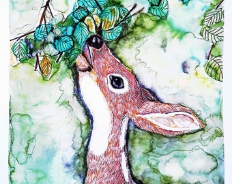 Fawn With Leaves Batik-Style Animal Portrait in Watercolor Brush Pens