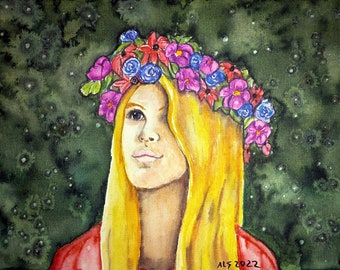 Woman Flower Crown Portrait Of Festival Girl in Watercolor Brush Pens