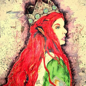 Retrato de colagem de mídia mista da Rainha das Fadas de uma mulher Faye com canetas pincel aquarela e fita Washi