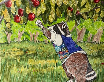 Raccoon Mixed-Media Painting in Colored Pencil, Iridescent Watercolor, and Watercolor Brush Pens