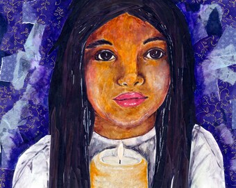 Young Girl Candle Mixed-Media Collage With Mulberry Paper and Watercolor Brush Pens