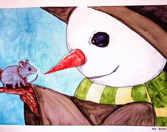 Snowman Snowdude Familiar Painting in Watercolor Brush Pens and Iridescent Watercolors