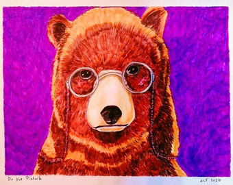 Bear Comical Animal Portrait in Watercolor Brush Pens "Do Not Disturb"