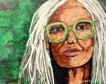 Glasses Older Woman Mixed-Media Collage  in Paper and Watercolor Brush Pens