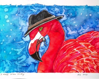 Gangster Flamingo "Don't Mess With Pinky!" Comical Animal Portrait in Watercolor Brush Pens
