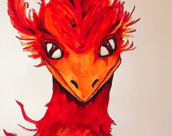 Phoenix Comical Animal Portrait in Watercolor Brush Pens "Conrad The Baffled Phoenix"