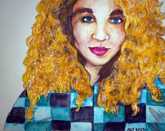 Curls Portrait Of Blonde Woman In Plaid Shirt Done in Watercolor Brush Pens