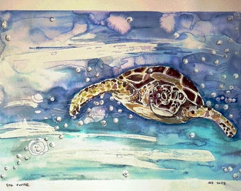 Sea Turtle Wildlife Painting in Watercolor Brush Pens