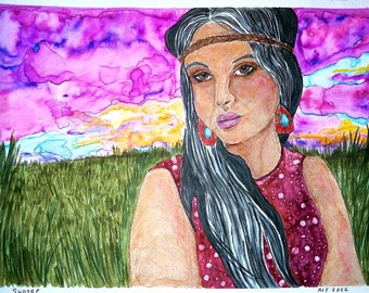 Native Woman Sunset Mixed-Media Painting With Colored Pencil and Watercolor Brush Pens