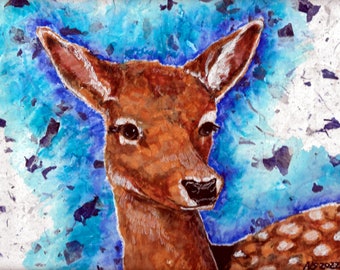 Blue Deer Mixed-Media Collage With Paper and Watercolor Brush Pens