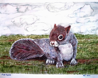Gray Field Squirrel Painting in Watercolor Brush Pens