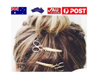 Gorgeous gold / silver tone minimalist hairdresser scissor shaped hair bobby pin clip tie stick claw bun barrette accessories great gift