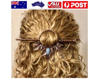 Vintage style leaf viking elf elvish boho costume cosplay copper tone hairpin ponytail holder barette hair fork bun holder hair stick gifts