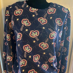Vintage Stuart Alan Navy Blue Abstract Pink, Purple, Green Flower Long Sleeve Blouse Large