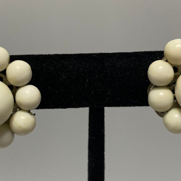 Vintage White Bead Cluster Clip on Earrings Japan Hallmark