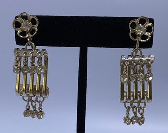 Vintage Silver Tone Dangle Metal with Flower Accent Rhinestone Screw Back Earrings